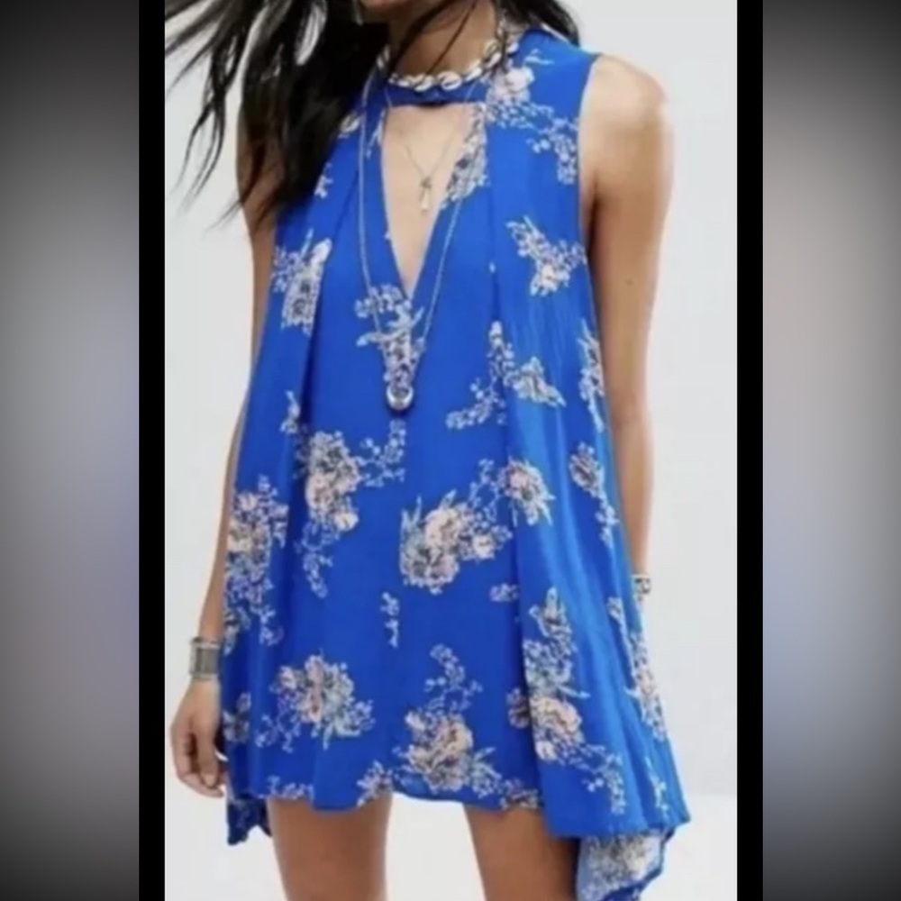 FREE PEOPLE Dress Blouse Snap Out Of It Boho Swing Blue Tunic Sleeveless Crepe